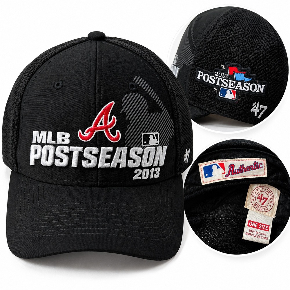 '47 Brand Atlanta Braves Hat MLB 2013 Postseason OSFM Mesh Snapback Black Cap